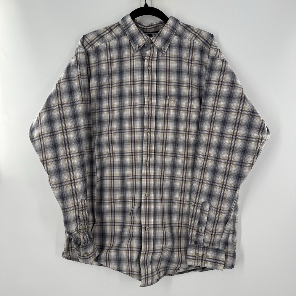 Ariat Pro Series Mens Blue Plaid Long Button Up Collard Vented Dress Shirt L